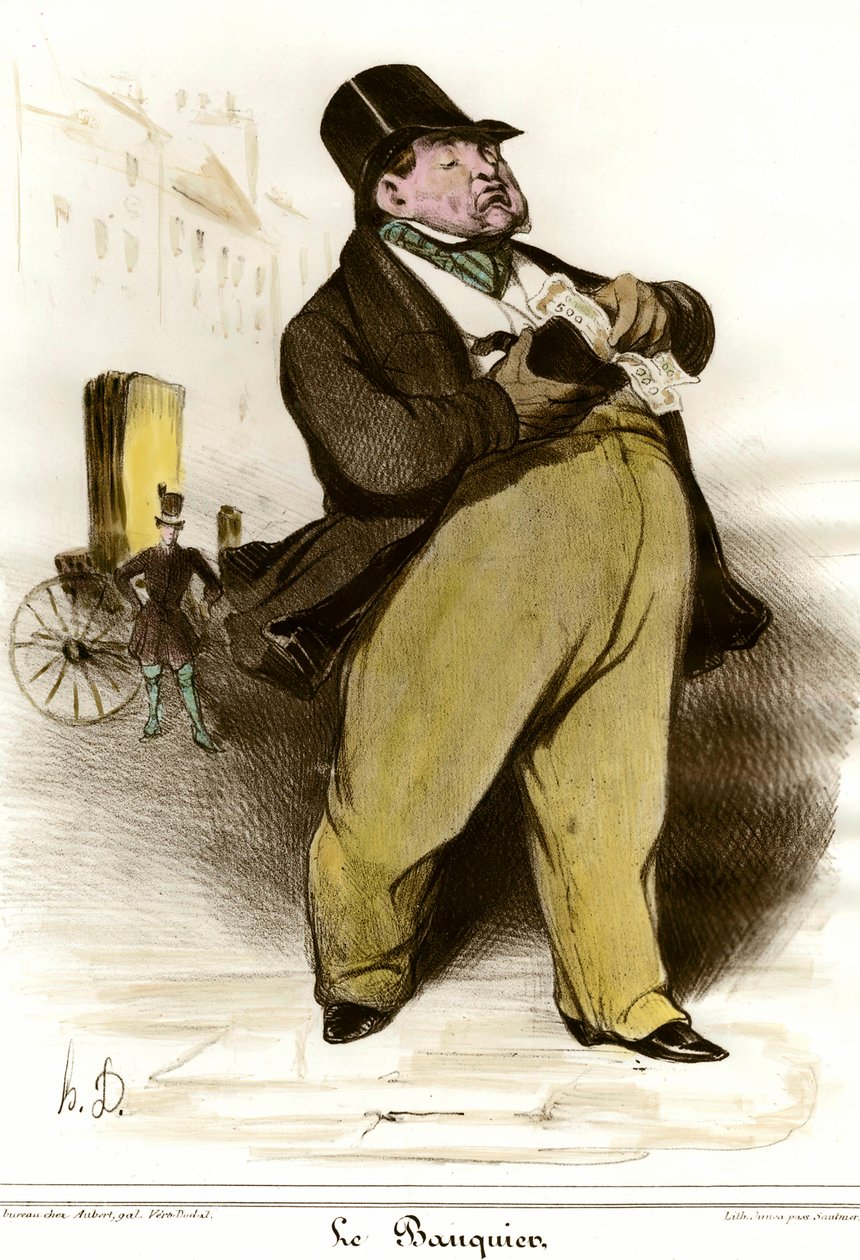 Kreslená kresba bankéře od Honore Daumiera (1808-1879) z „The Charivari““ 1835. Soukromá sbírka od Honoré Daumier