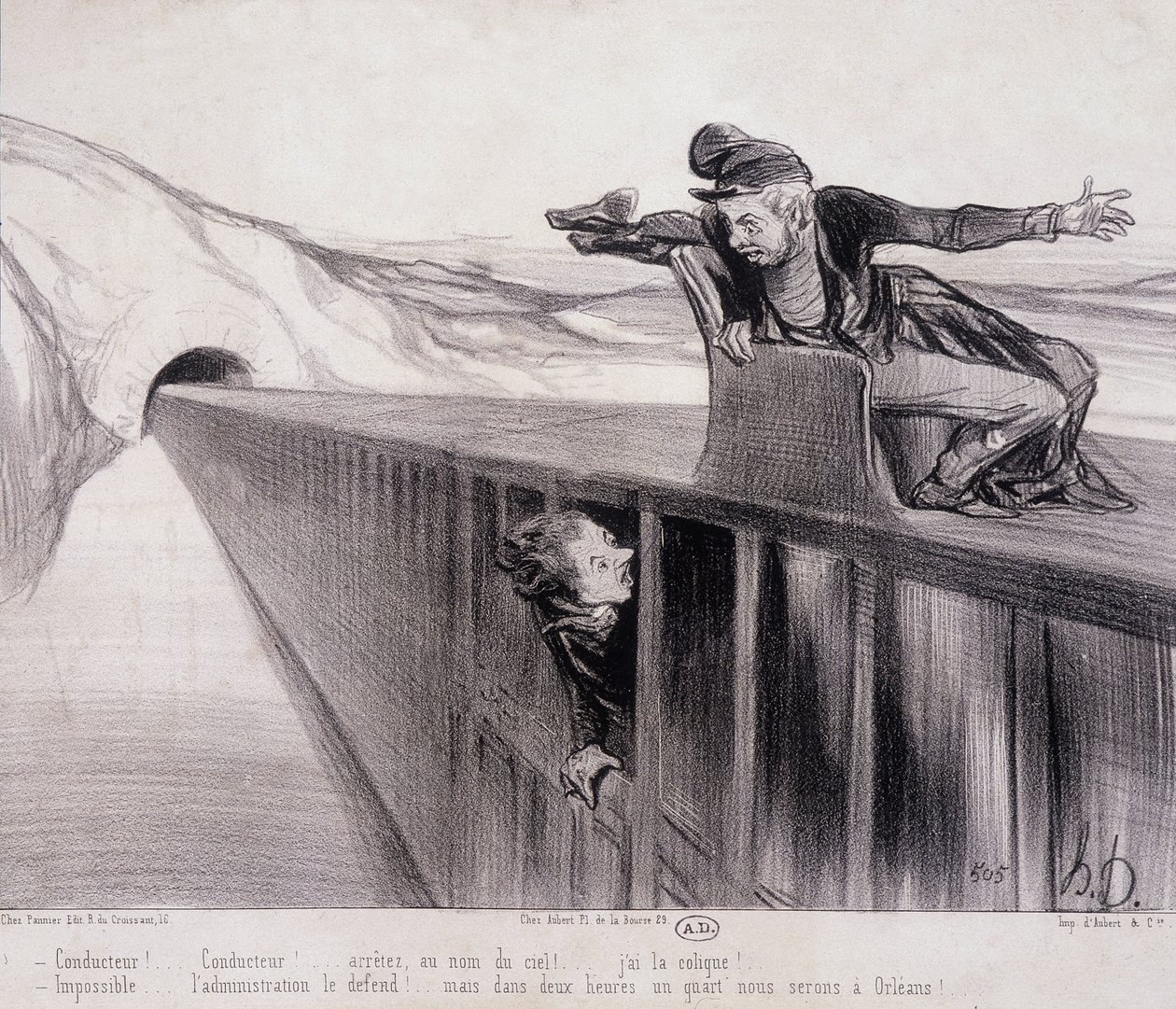 Daumierova karikatura "Les Chemins de Fer", sd. 19. století od Honoré Daumier