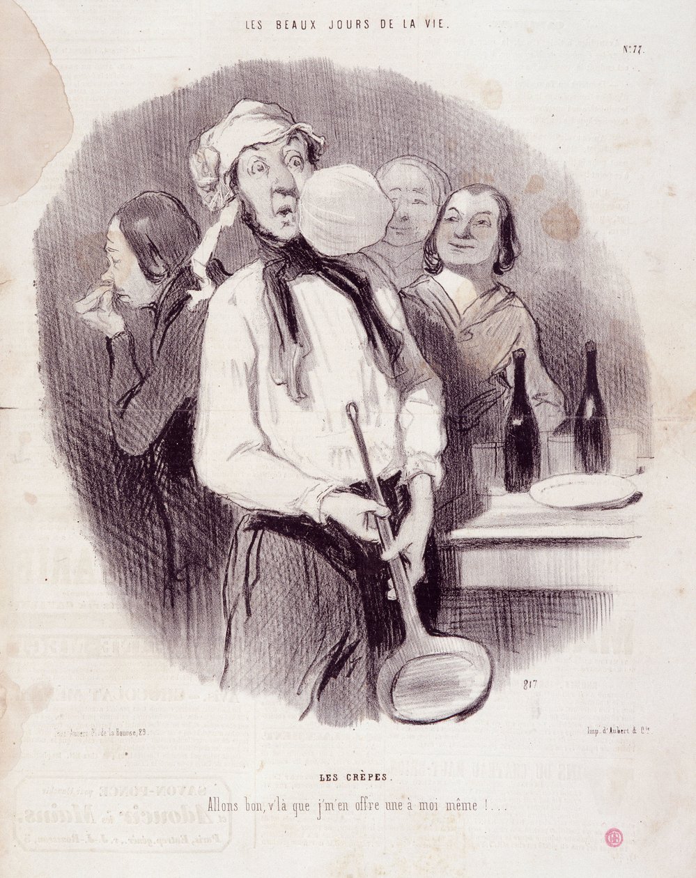 Karikatura nemotorného muže. Série „“ Les Beaux Days de la Vie““: „“ Les crepes... „“ Rytina Honore DAUMIER (1808-1879). Výňatek z novin “”Le Charivari”” 14. listopadu od Honoré Daumier