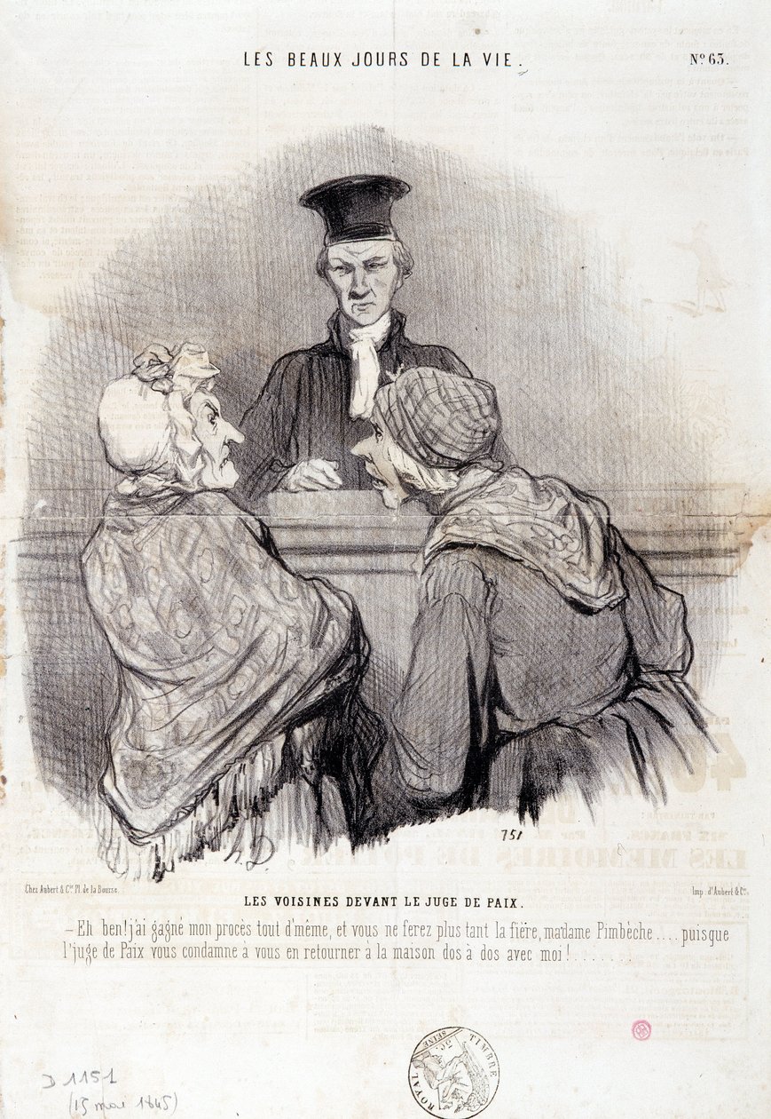 Cartoon on Neighbourhood Relations: Serie “”The Beautiful Days of Life”””: “”Sousedi před smírčím soudem...”” rytina Honore DAUMIEROVÁ (1808-1879). Výňatek z novin „“Le Charivari““ z 15. května od Honoré Daumier