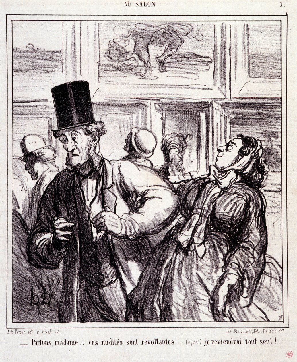 Kreslený film o milovníkech umění: Serie „“Au salon““: Nechme madam... tihle nahoti jsou revoltanti... vrátím se úplně sám““ Rytina Honore DAUMIEROVÉ (1808-1879). Výňatek z novin „“Le Charivari““ z 5. května od Honoré Daumier
