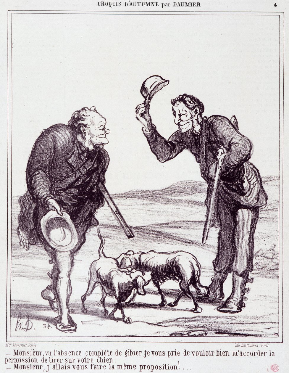 Cartoon on the hunters: Serie “” Autumn Sketch”””: “” Pane, vzhledem k naprosté absenci zvěře mi prosím udělte povolení zastřelit vašeho psa...”” Rytina Honore DAUMIER (1808-1879). Výňatek z novin „“Le Charivari““ z 28. září od Honoré Daumier