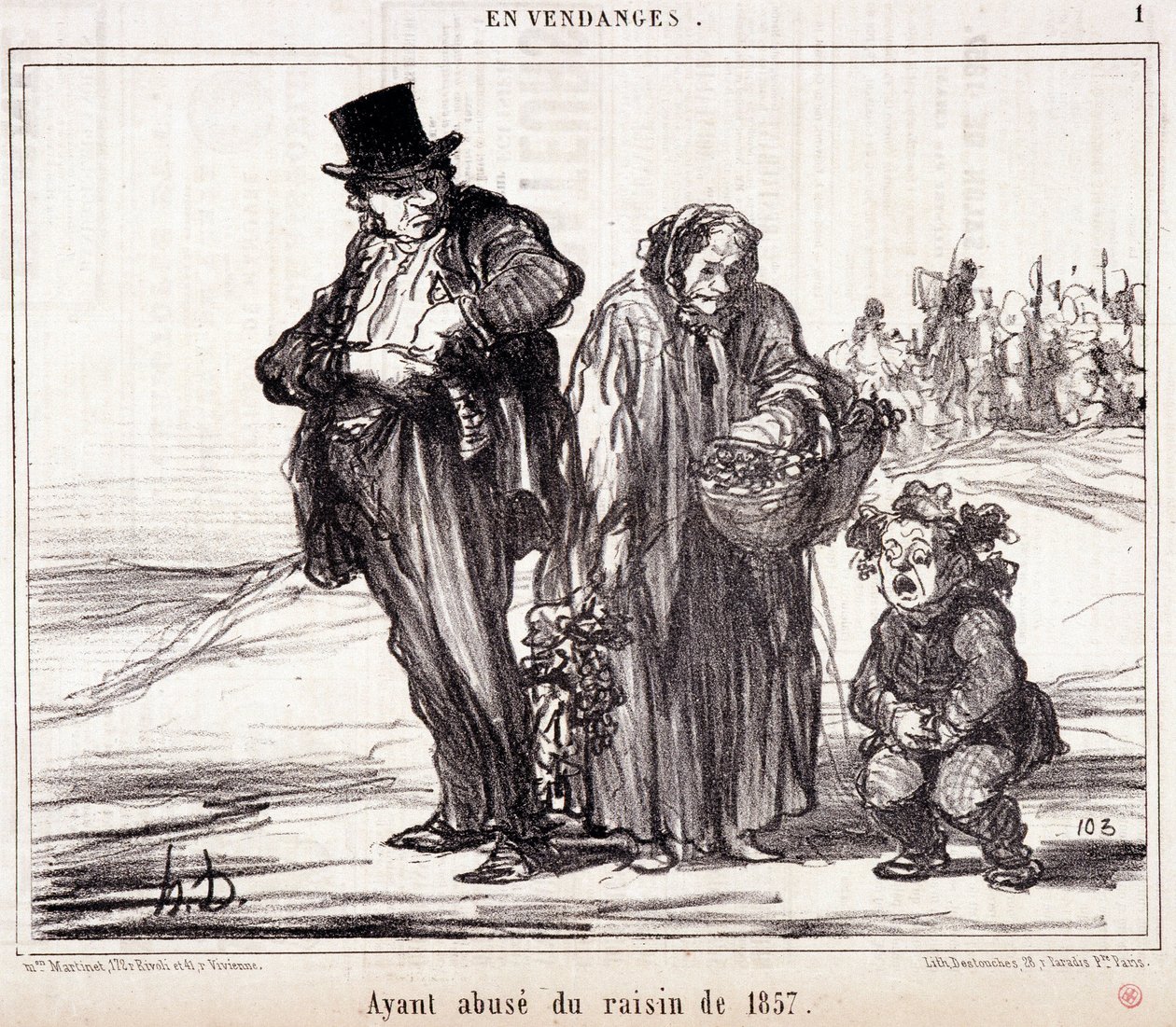 Karikatura o vinařství. Série „“ Podzimní skica““: „“ Ve sklizni. Zneužívání hroznů z roku 1857”” Rytina Honore DAUMIER (1808-1879). Výňatek z novin “”Le Charivari”” 16. října od Honoré Daumier