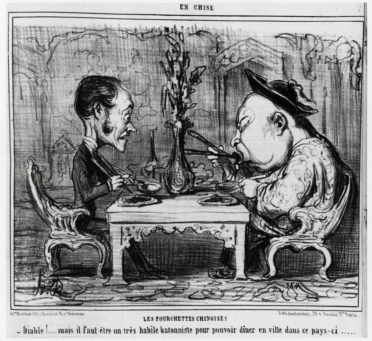 Čínské vidličky: „“ Ďábel! ale musíte být velmi zručný batonista, abyste mohli jíst ve městě v této zemi. “”, v sérii En Chine, ilustrace Honore Daumier (1808-1879), publikováno v “” Charivari”” od Honoré Daumier