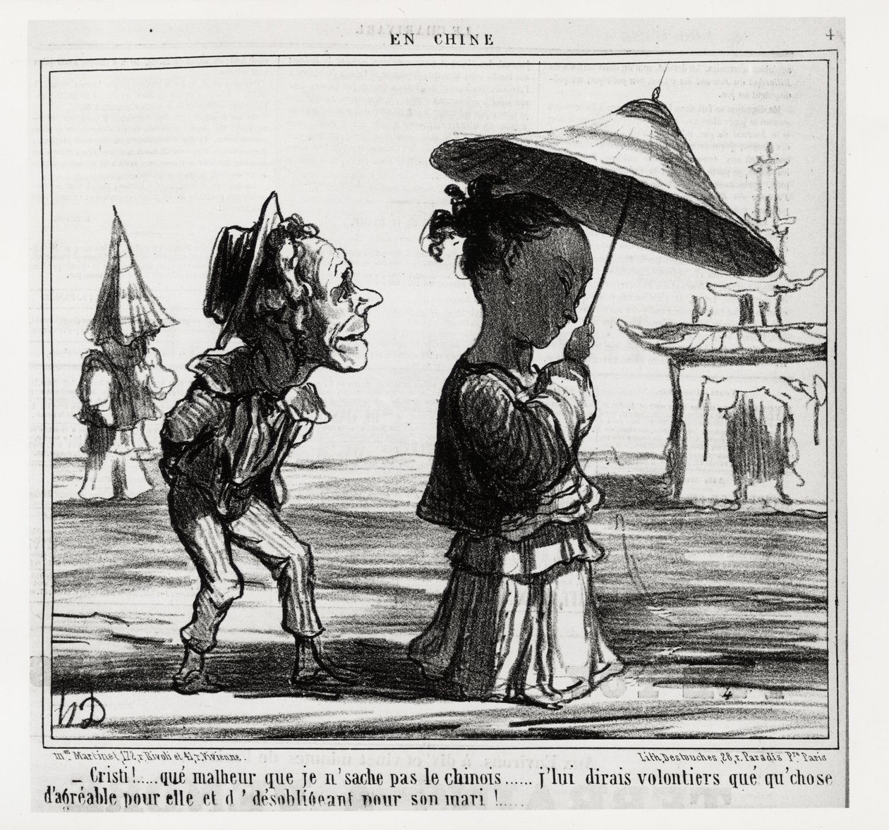 Kristi! Neumím čínsky... Rád jí řeknu, že je to pro ni příjemné a pro jejího manžela nepovinné!... V sérii En Chine, ilustrace Honore Daumier (1808-1879), vydáno v „“ Charivari““, z 12. ledna od Honoré Daumier