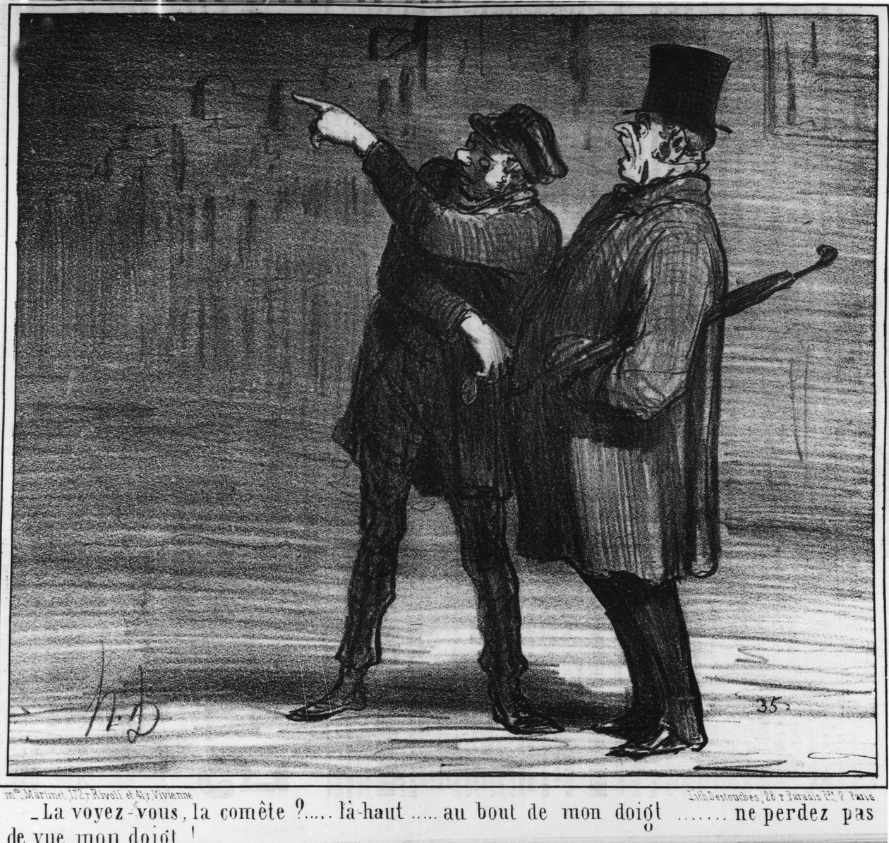 Vidíš tu kometu? nahoru... na konci mého prstu... neztrácej z dohledu můj prst!... , kreslený film Honore Daumier (1808-1879). "Serenáda" od Honoré Daumier