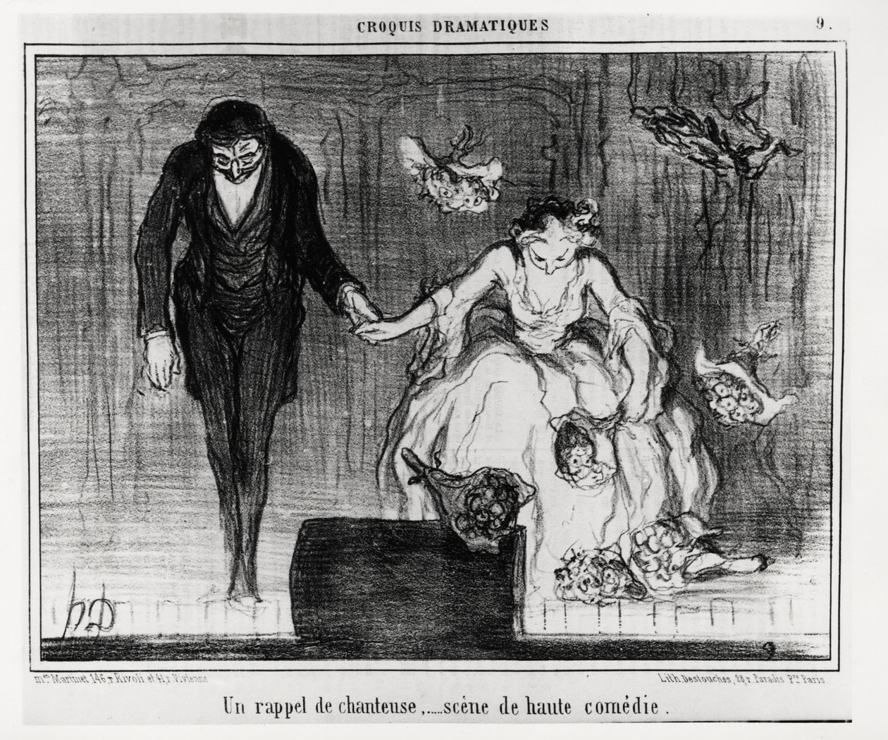Dramatické skeče: vzpomínka na zpěváka, vrcholná komediální scéna. Ilustrace Honore Daumier (1808-1879), publikovaná v „“ Charivari“, z 9. ledna od Honoré Daumier