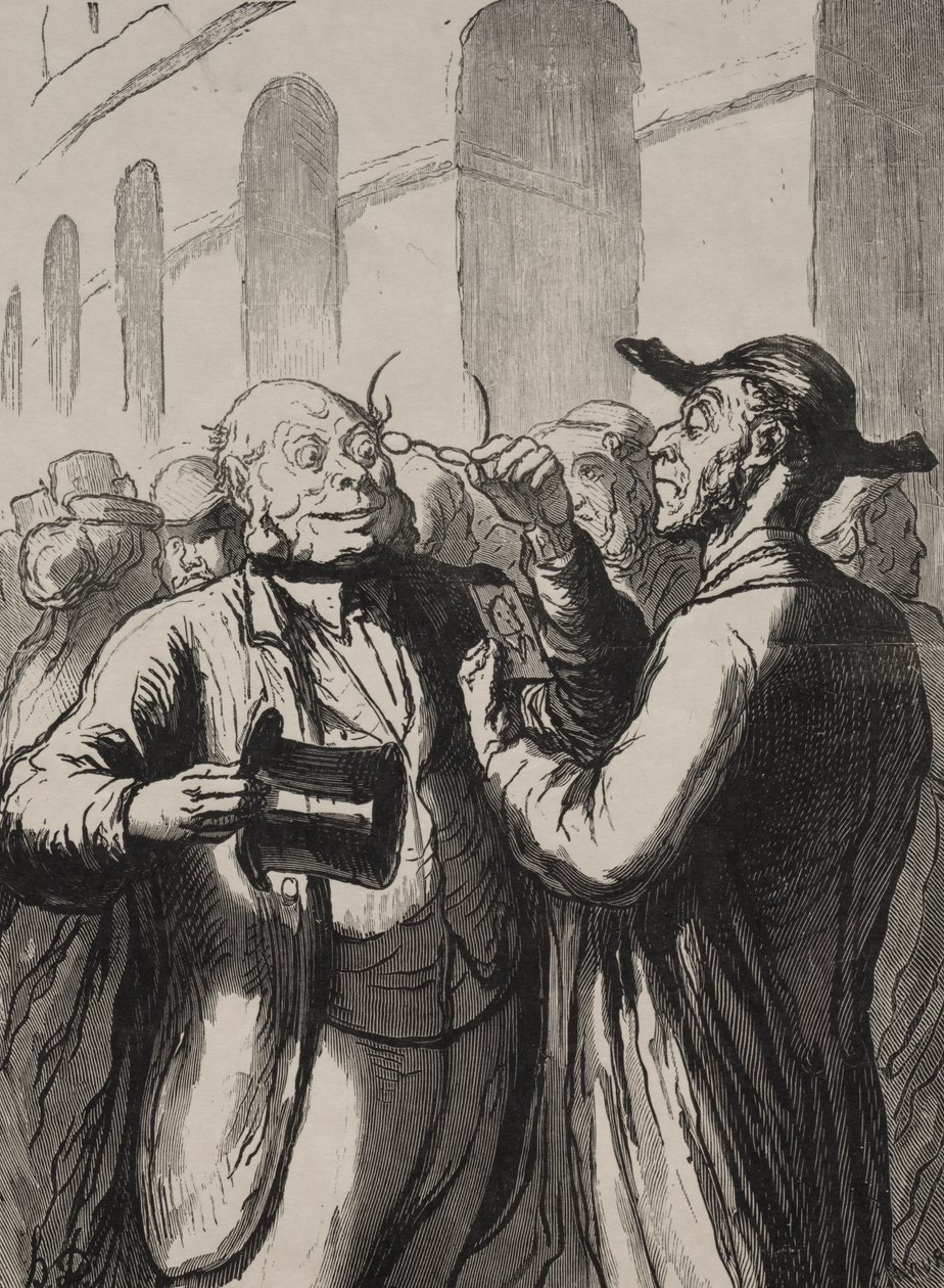 Univerzální výstava: Prohlídka fotografií u turniketů. Plešatý musí sundat klobouk a krátkozraký brýle. od Honoré Daumier