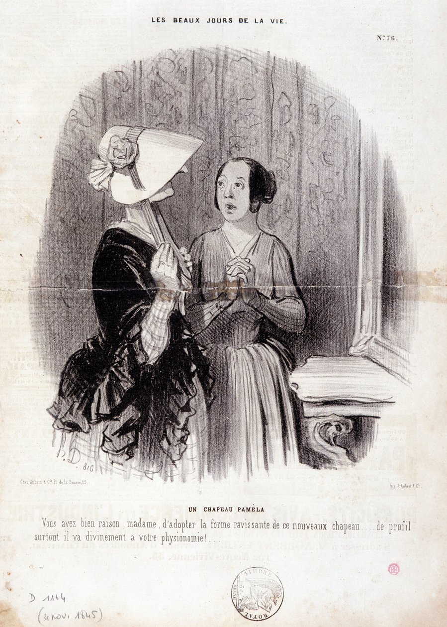 Módní karikatura. Série „“ The Beautiful Days of Life““: „“ Klobouk Pamela...““ 4. listopadu od Honoré Daumier