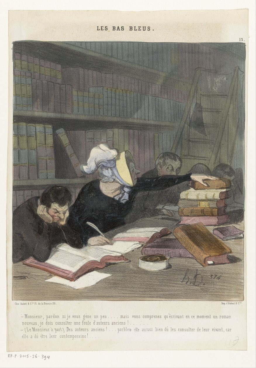 Postavy za čtecím stolem ve veřejné knihovně Les Bas Bleus (název série na objektu) od Honoré Daumier