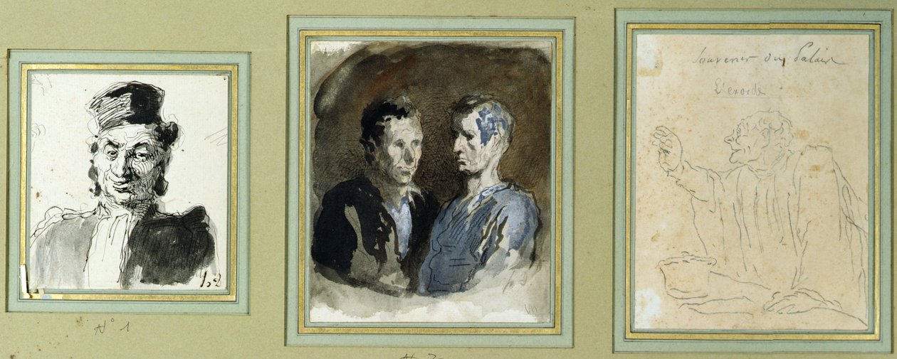 Čelní pohled na právníka, dva obžalované a právníka (tužka, myčka, wc a inkoust na papíře) od Honoré Daumier