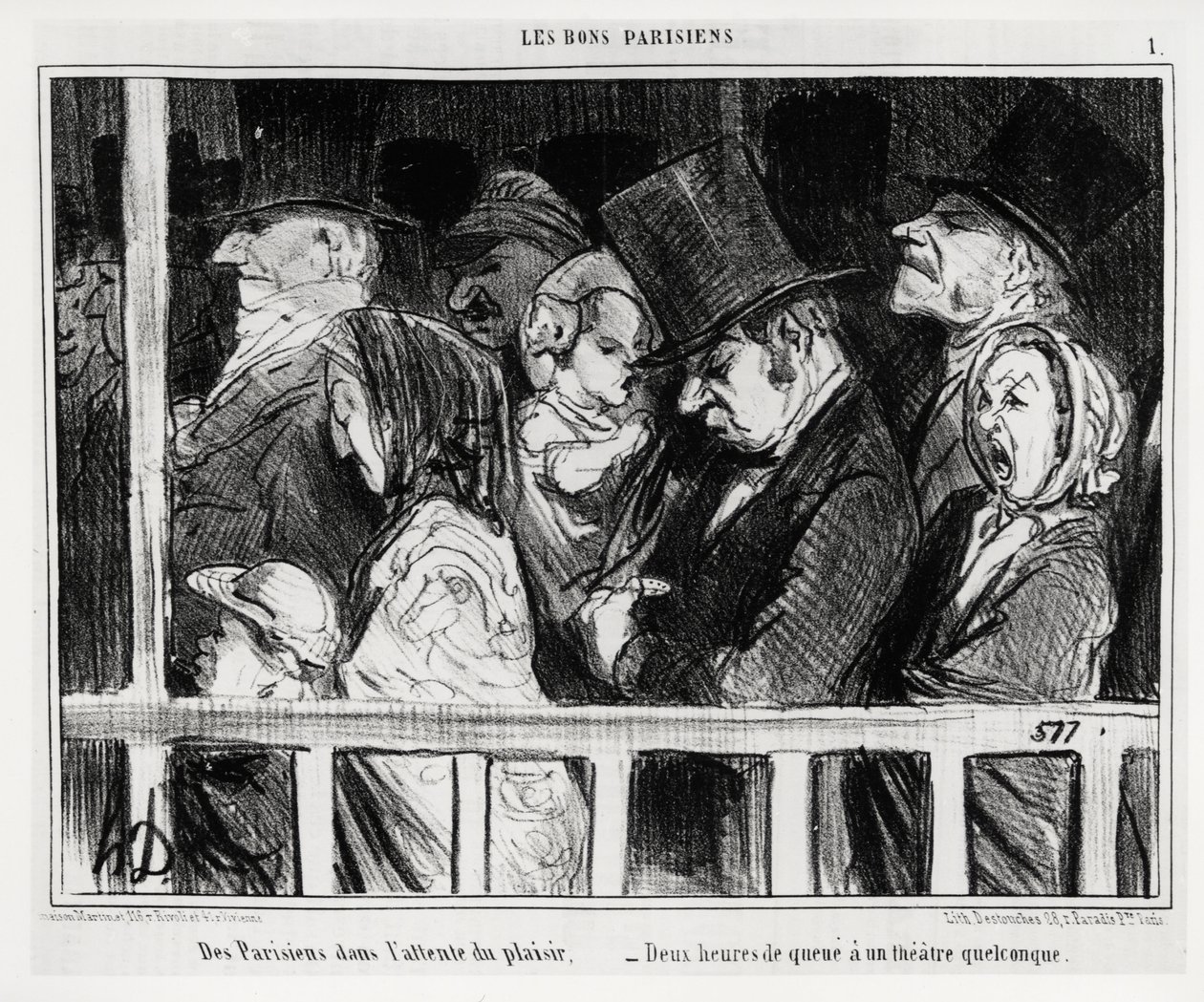 Dobří Pařížané: Pařížané čekají na zábavu, dvě hodiny ocasu mají nějaké divadlo. Ilustrace Honore Daumier (1808-1879), publikovaná v „“ Charivari“, z 5. března od Honoré Daumier