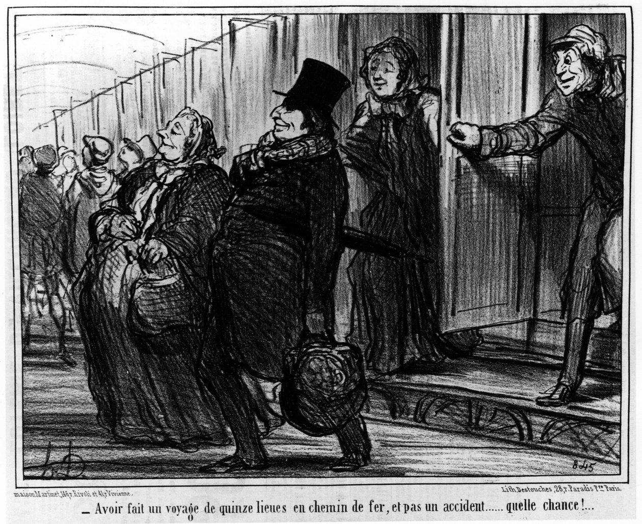 Vytvořit patnáct mil dlouhou železnici a ne nehoda... jaká šance!... : z „Actualites“, série kreslených filmů na železnici Honore Daumiera (1808-1879). "Serenáda" od Honoré Daumier