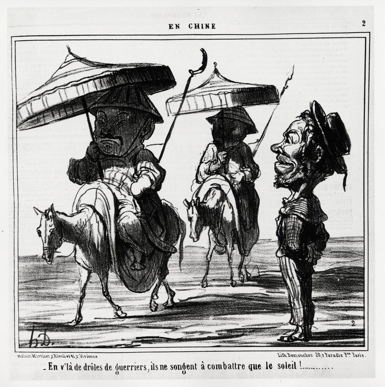 Tito směšní bojovníci myslí jen na boj se sluncem. V sérii En Chine, ilustrace Honore Daumiera (1808-1879), uveřejněná v časopise "Charivari" z 8. ledna. od Honoré Daumier