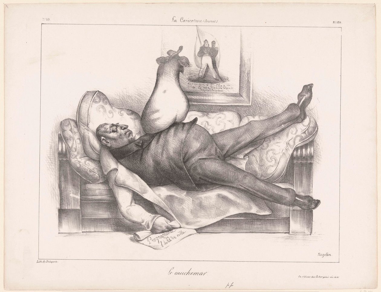 Karikatura Gilberta du Motiera, markýze de la Fayette, během noční můry Le cauchemar (název na objektu) od Honoré Daumier