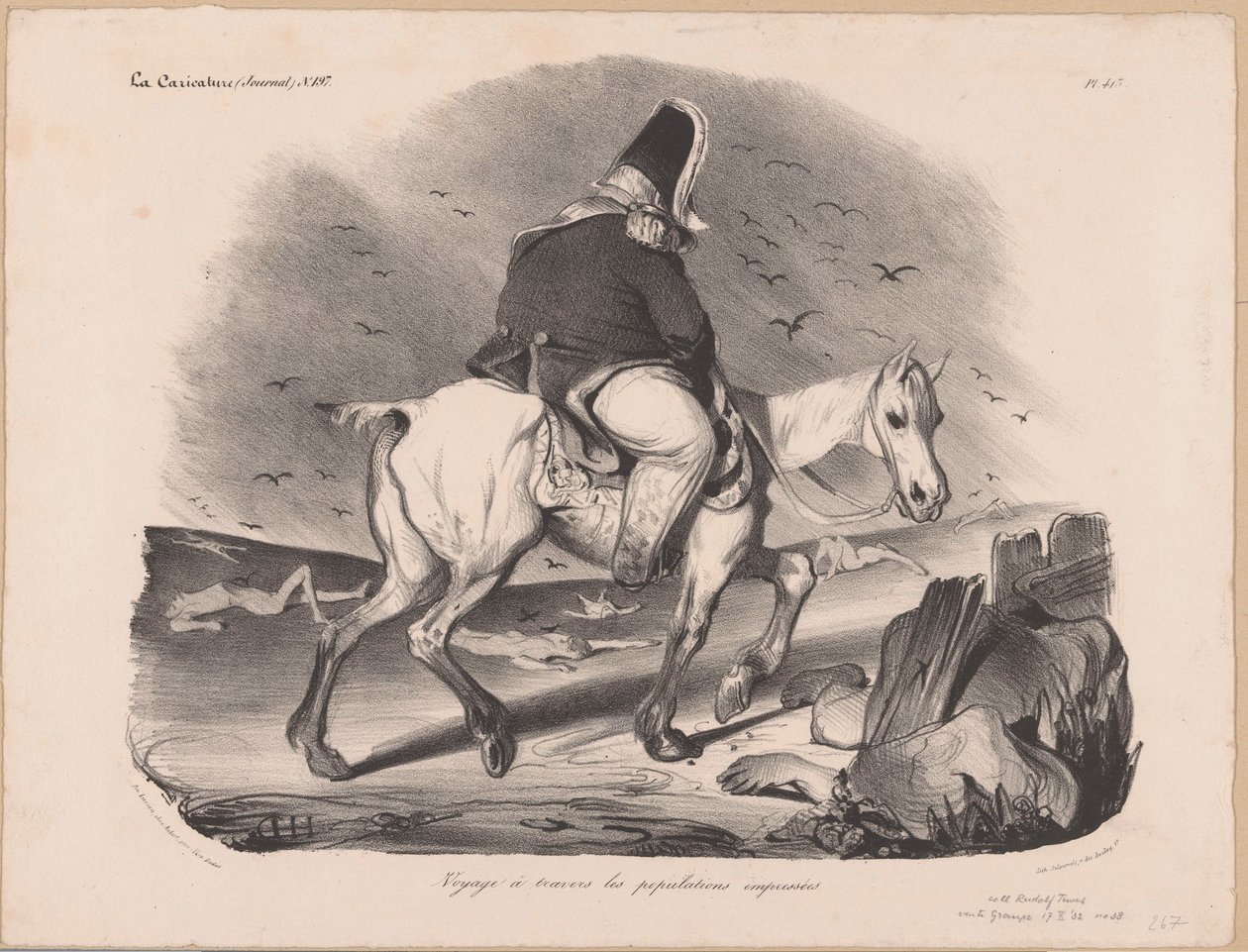 Karikatura Ludvíka Filipa I., francouzského krále na koni mezi mrtvolami Voyage à travers lespopuls empressées (název na objektu) od Honoré Daumier