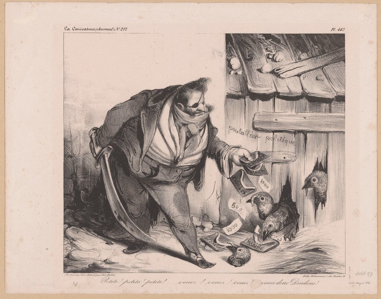 Karikatura francouzského krále Ludvíka Filipa I. jako banditu Petits! mazlíčci! mazlíčci! (...) Venez donc dindons! (název na objektu) od Honoré Daumier