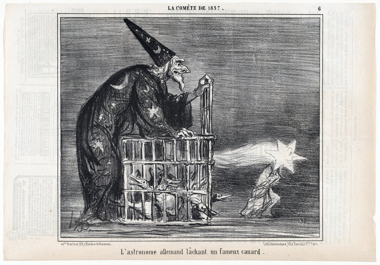 Kometa z roku 1857, "Německý astronom vypouštějící slavnou kachnu", z Le Charivari, hospoda. 1858 (rytina) od Honoré Daumier