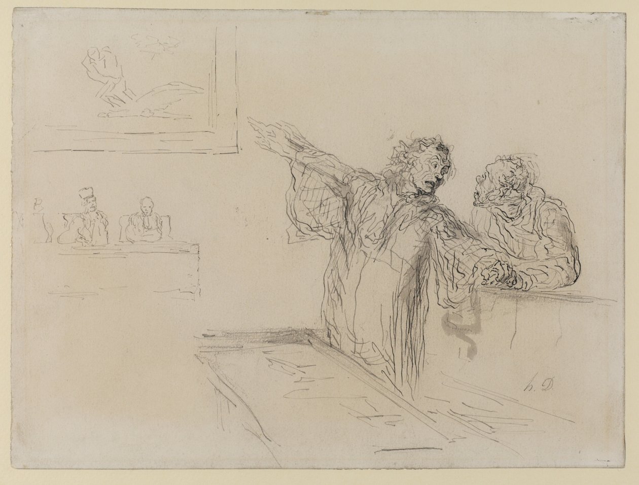 La Defense, cca 1865 (pero, inkoust a wc na papíře) od Honoré Daumier