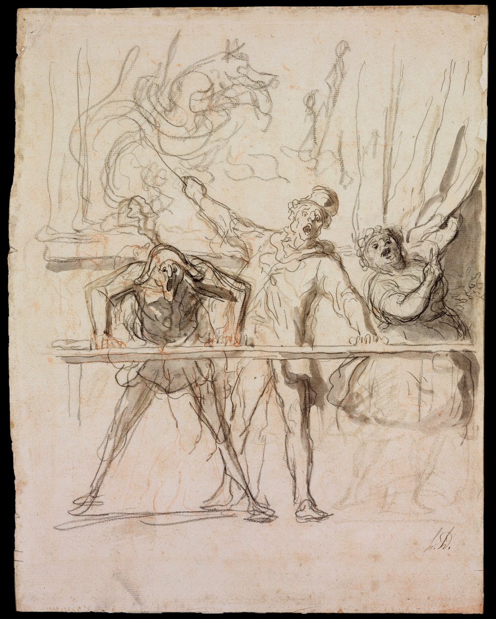 La Parade - The Side-Show - Daumier, Honore (1808-1879) - 1865 - Černá křída, akvarel na papíře - 39,8x30,4 - Muzeum Szepmuveszeti, Budapešť od Honoré Daumier
