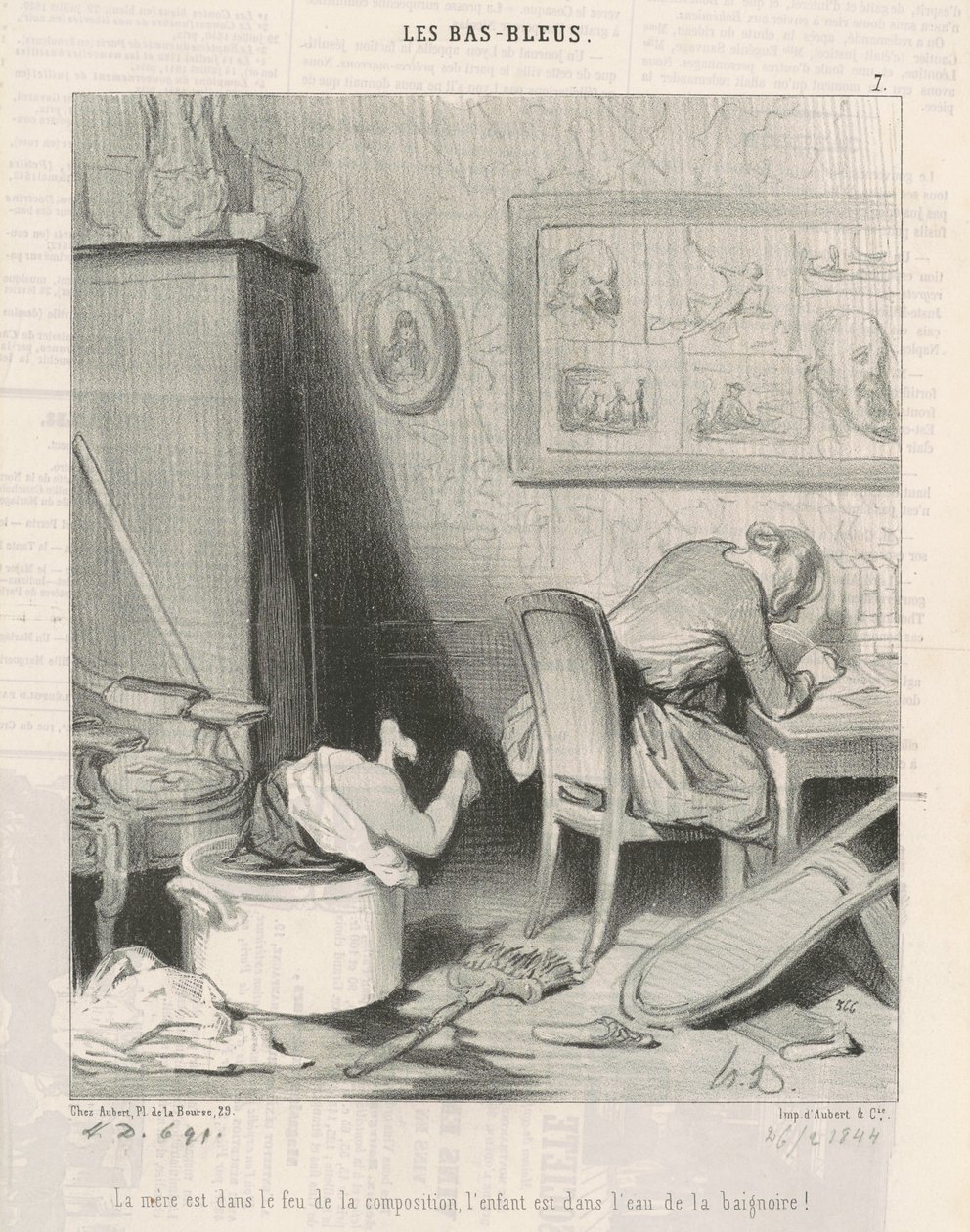 Matka v ohni kompozice, dítě je ve vodě vany! od Honoré Daumier