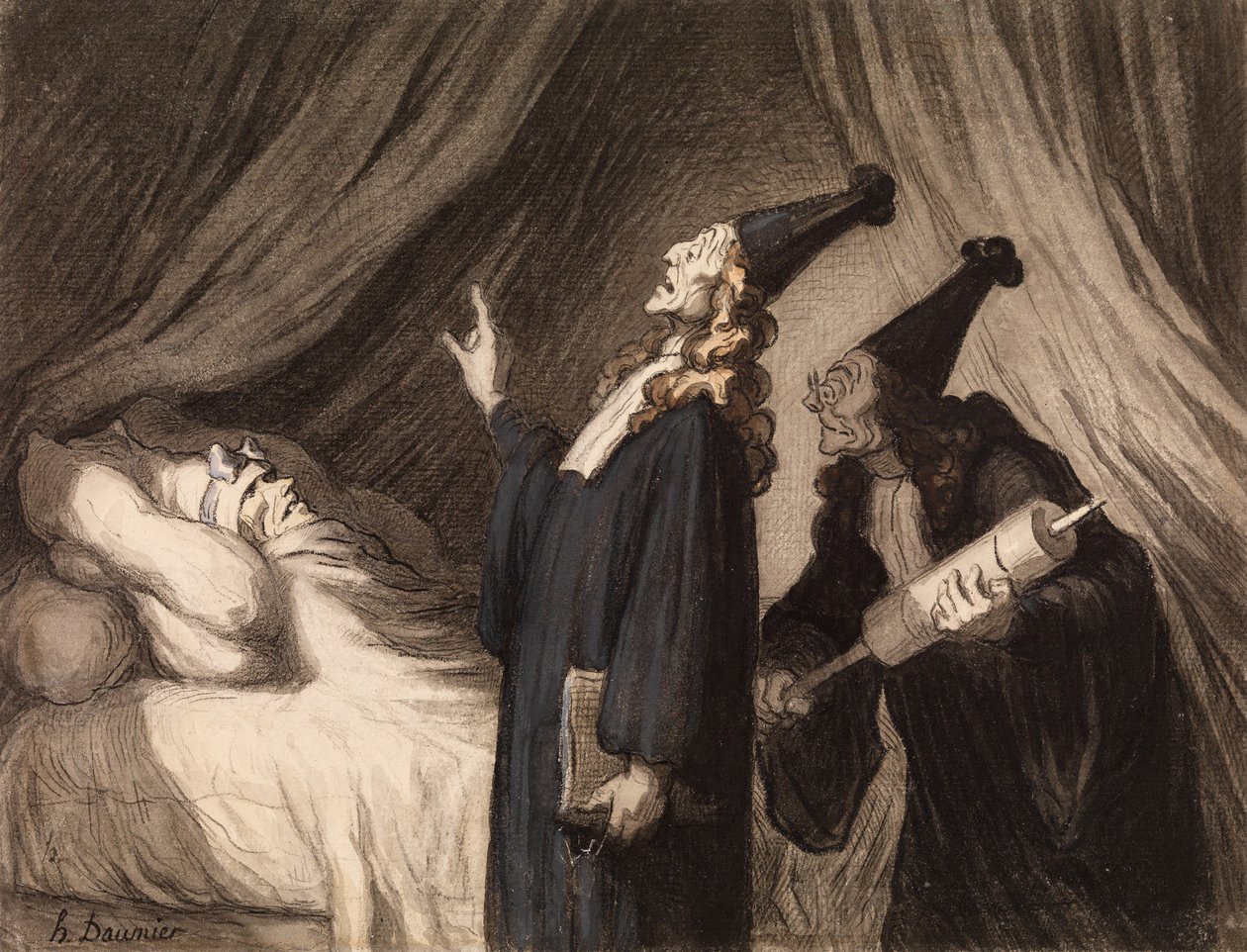 Le Malade Imaginaire, cca 1850 (černá křída a wc na papíře) od Honoré Daumier