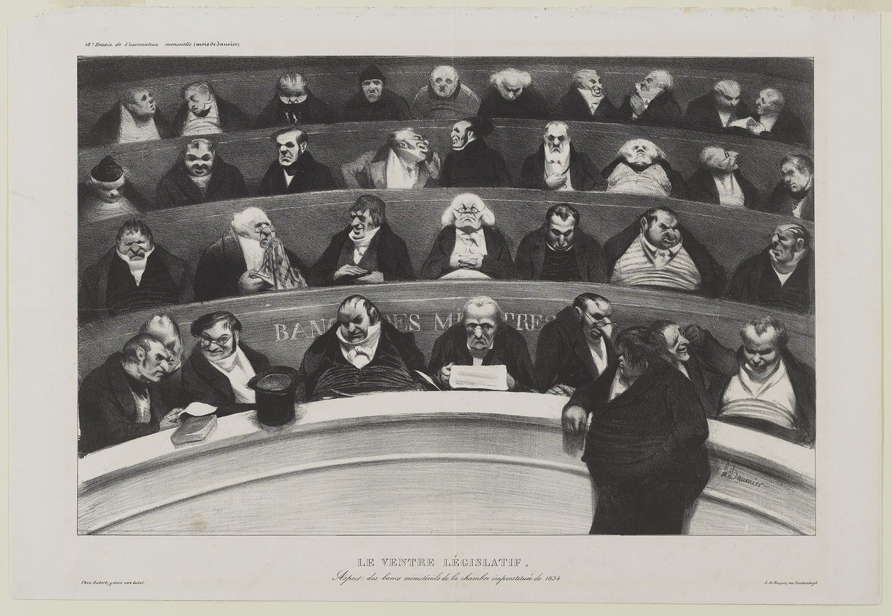 Le Ventre Législatif: Aspect des benches ministériels de la chambre improstitée de 1834 aneb The Legislative Belly: Pohled na ministerské lavice v prostituční komoře z roku 1834 od Honoré Daumier