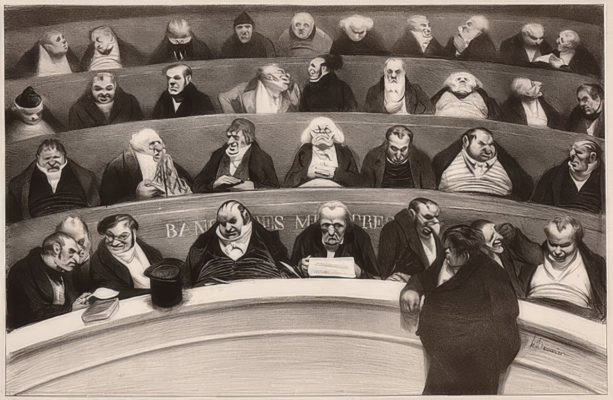 Le Ventre législatif. Aspects des bancs ministériels de la chambre improstituée de 1834 / Legislativní břicho. Pohled na kabinetní lavice nevěstinecké komory z roku 1834. 1834 od Honoré Daumier