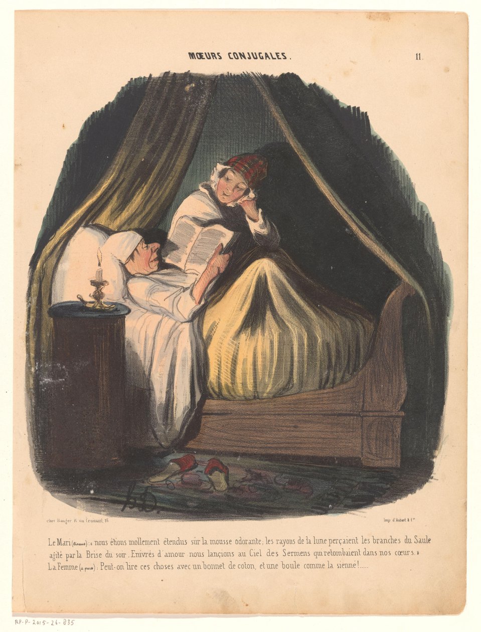 Muž čte v posteli se svou ženou vedle něj Manželské návyky (název série) Moeurs conjugales (název série na objektu) od Honoré Daumier