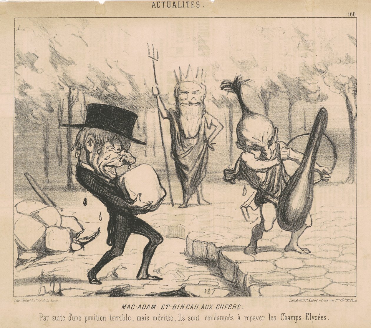 Mac-Adam [sic] a Bineau v pekle. Po hrozném, ale zaslouženém trestu jsou odsouzeni k odplatě Champs Elysées. od Honoré Daumier