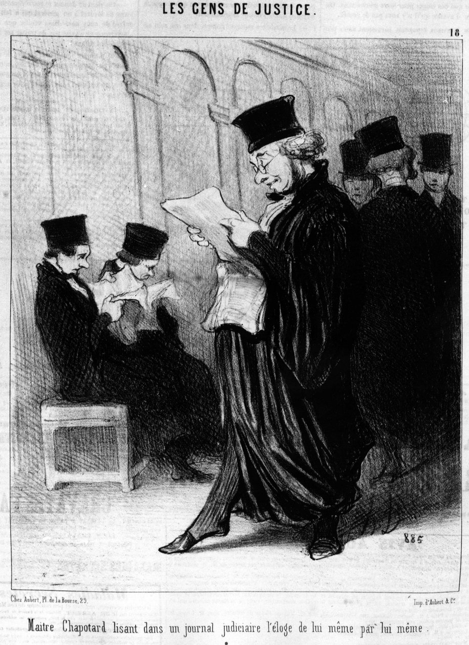 Maitre Chapotter čte v soudním časopise chválu sebe sama, převzatou ze série karikatur o spravedlnosti „Gens de Justice“ od Honore Daumier (1808–1879). "Serenáda" od Honoré Daumier