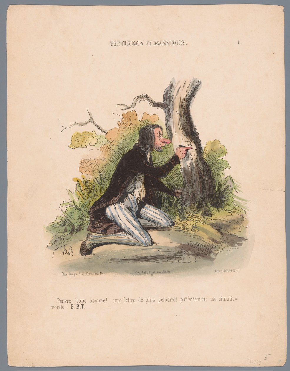 Člověk vyřezává iniciály do stromové kůry Pauvre jeune homme! (...) (název na objektu) Vášně a pocity (název série) Sentimens et passions (název série na objektu) od Honoré Daumier