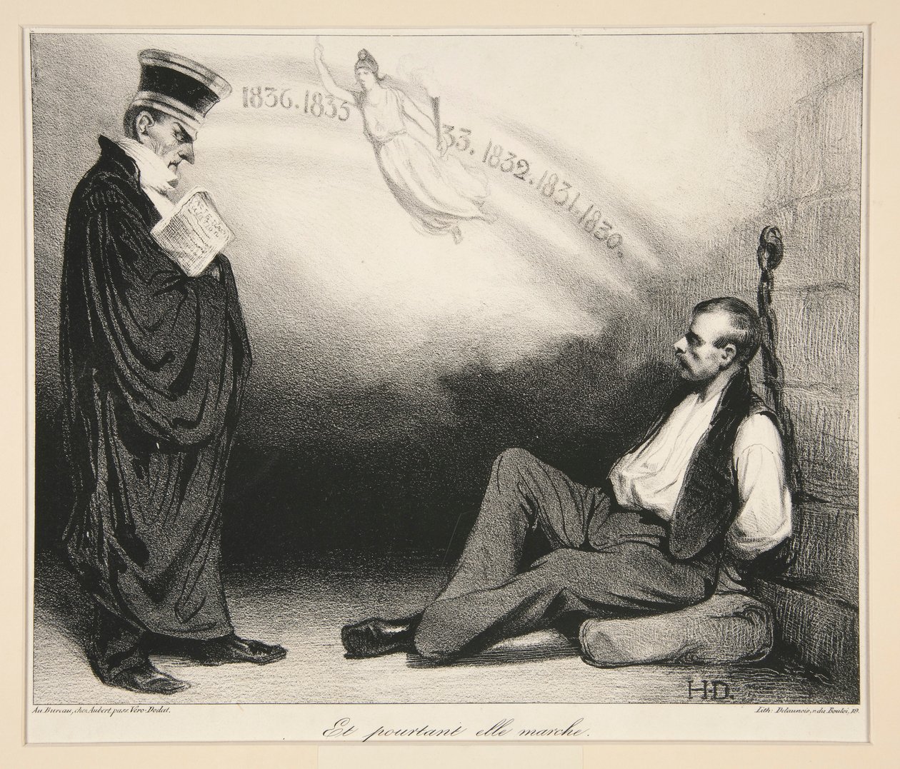 Moderní Galilea. A přesto chodí. (Moderní Galileo. A přesto se pohybuje), pl. 436 z časopisu La Caricature no. 209 od Honoré Daumier