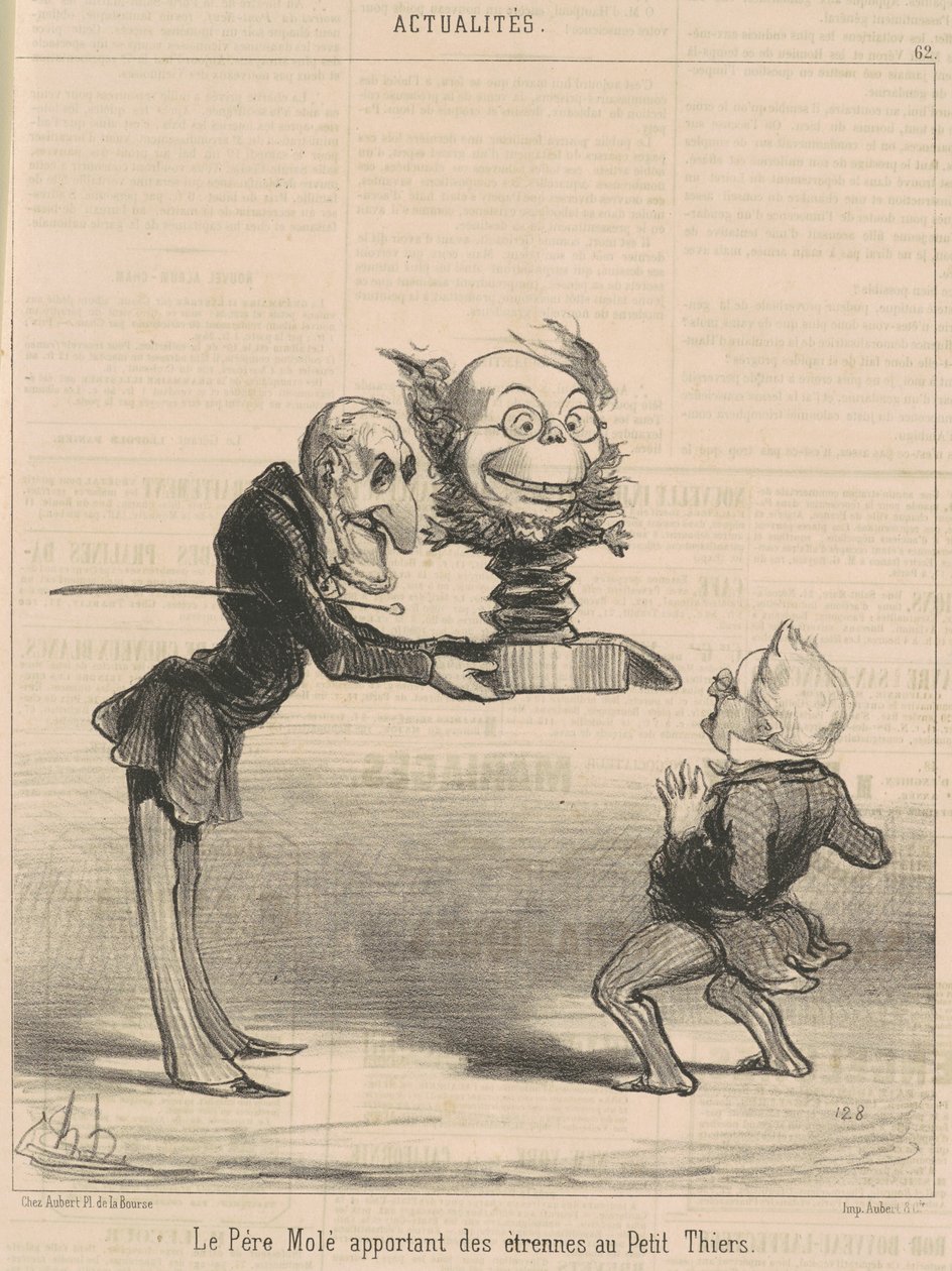 Molé přináší dárky Petit Thiersovi od Honoré Daumier