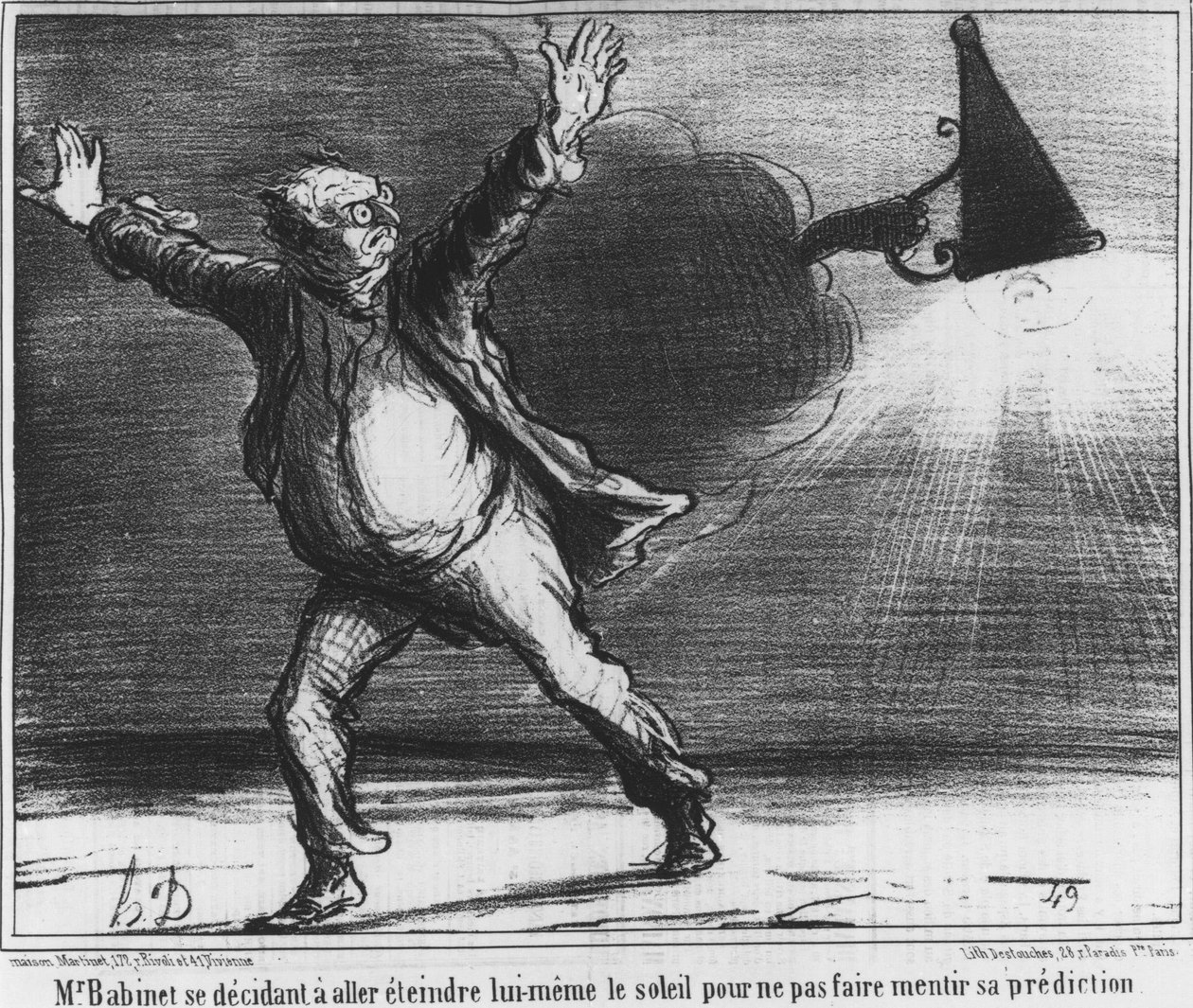 Monsieur Babient se rozhodl jít a sám zhasnout slunce, aby svou předpověď neučinil lež, karikaturu o kometě Honore Daumiera z roku 1857 (1808-1879). od Honoré Daumier