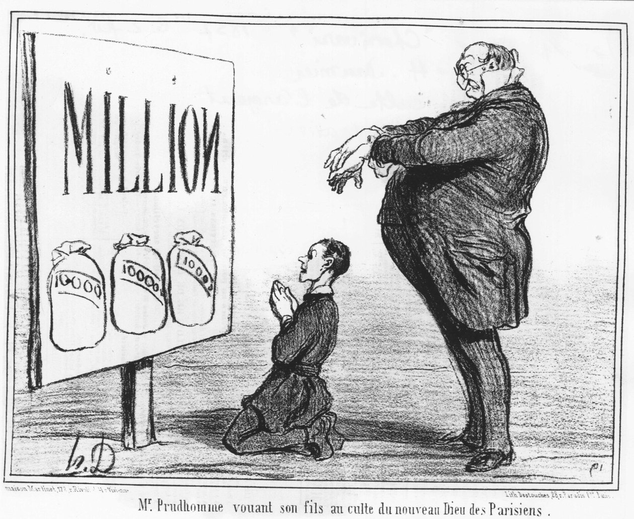 Monsieur Prudhomme zasvětil svého syna kultu nového boha Pařížanů: převzato z „“ News“, série karikatur o kultu stříbra od Honore Daumiera (1808-1879). Serenáda od Honoré Daumier