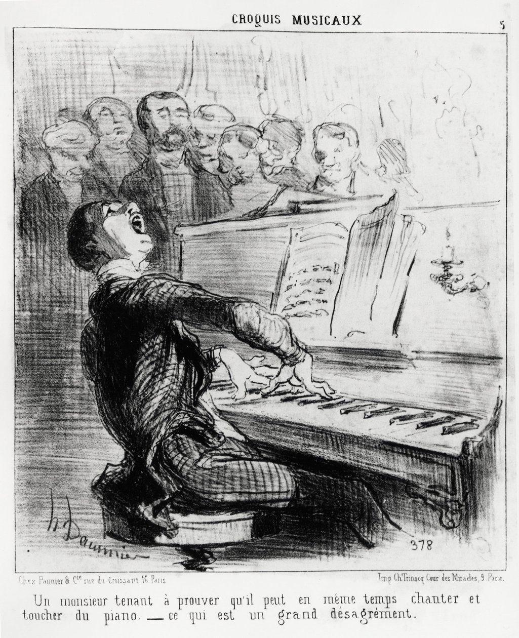 Hudební skeče: pán, který touží dokázat, že umí zpívat a přitom se dotýkat klavíru, což je velmi potupné. Ilustrace Honore Daumier (1808-1879), publikovaná v „“ Charivari“, datum 17. února 1852. od Honoré Daumier