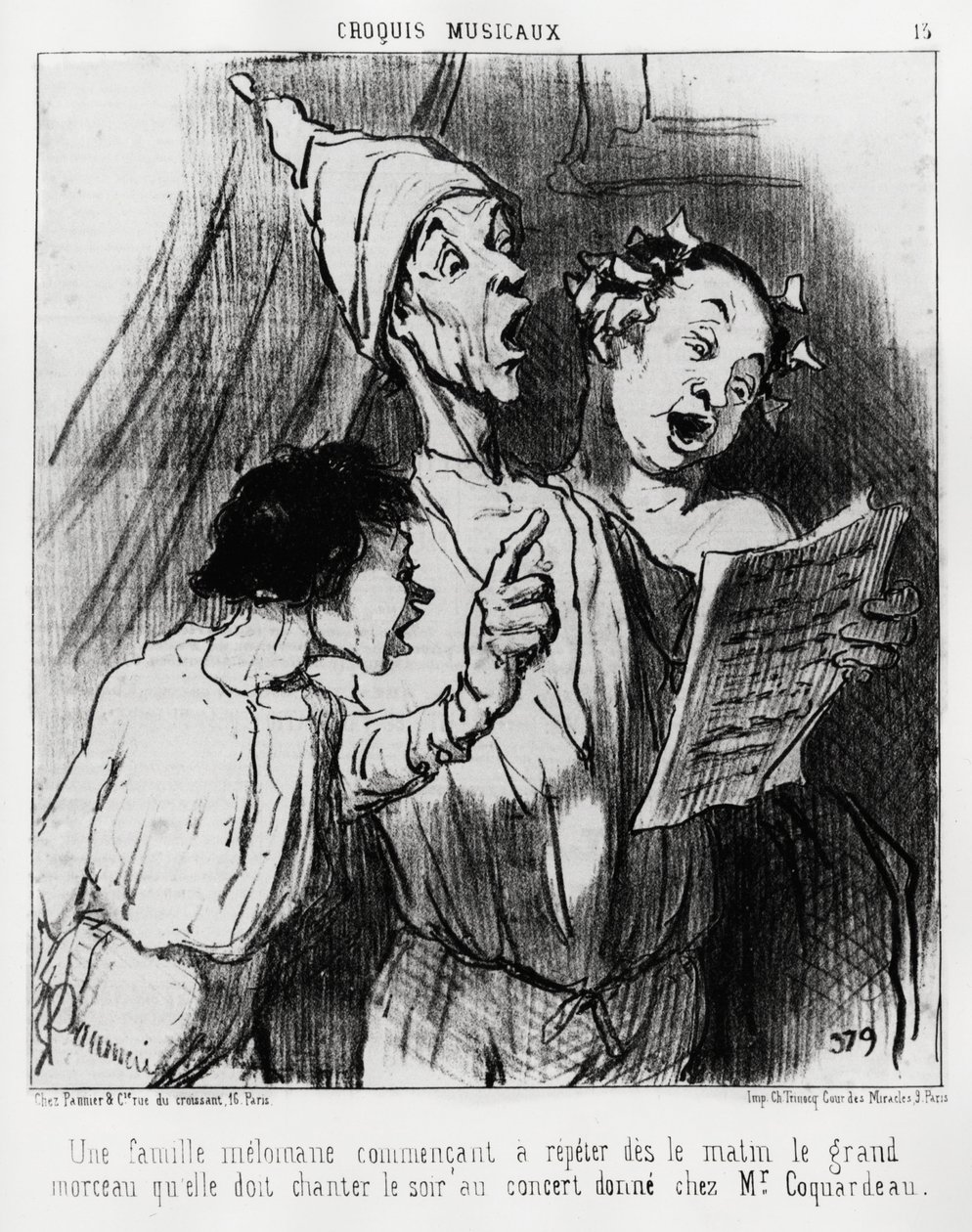 Hudební skeče: melomanská rodina začíná ráno opakovat velkou píseň, kterou museli zpívat večer na koncertě, kterou dal pan Coquardeau. Illustration d