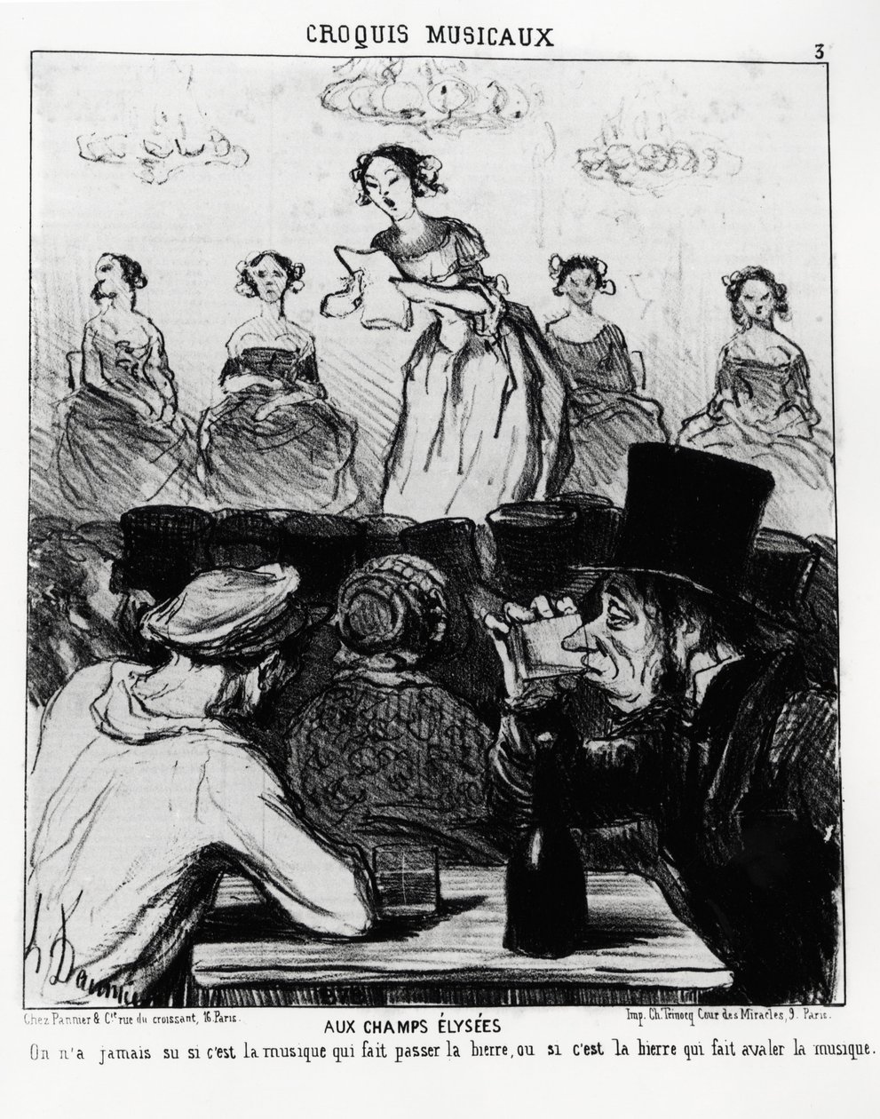 Hudební skeče: na Champs Elysees jsme nikdy nevěděli, jestli je to hudba, kvůli které se pivo míjí, nebo pivo, kvůli kterému hudba polyká. Illustration d