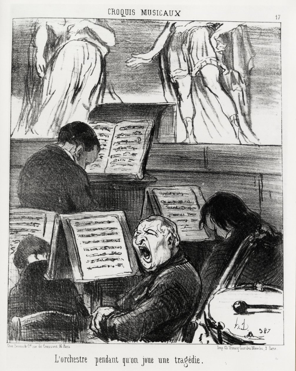 Hudební skeče: orchestr při hraní tragédie. Illustration d