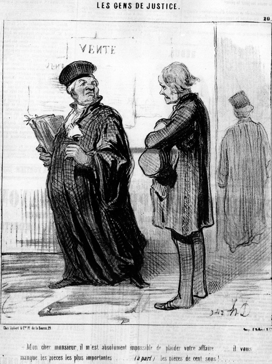 Můj milý pane, je pro mě absolutně nemožné potěšit vaši věc... chybí vám nejdůležitější kousky... (kromě) mincí!... , ze série kreslených filmů „Gens de Justice“ od Honore Daumier (1808-1879). "Serenáda" od Honoré Daumier