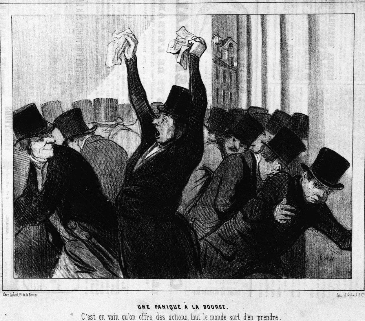Panika na akciovém trhu. Marně se nabízely akcie, každý si je odnesl: z „“ Actualites “, série karikatur na burze Honore Daumier (1808-1879). Serenáda od Honoré Daumier