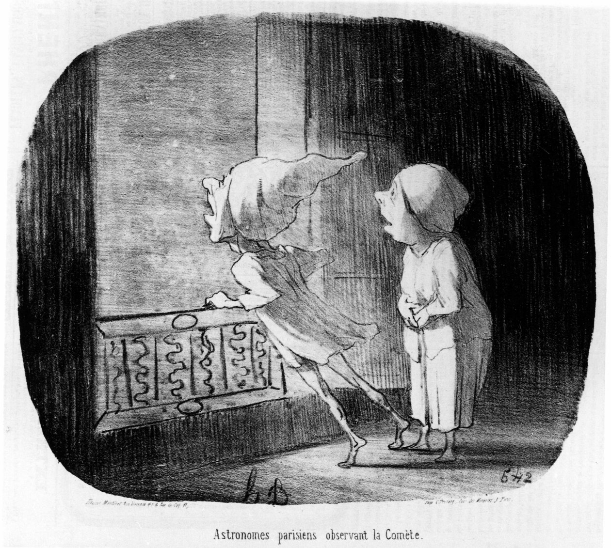 Pařížští astronomové pozorující kometu, převzato z „Astronomie“, série karikatur o astronomech a kometě de Honore Daumier (1808-1879). "Serenáda" od Honoré Daumier
