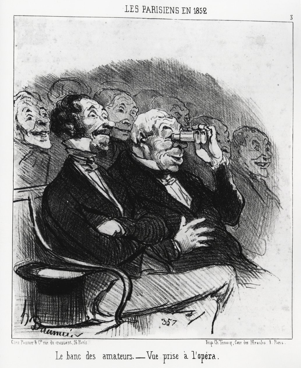 Pařížané v roce 1852: lavice amatérů, pohled na operu. Illustration d