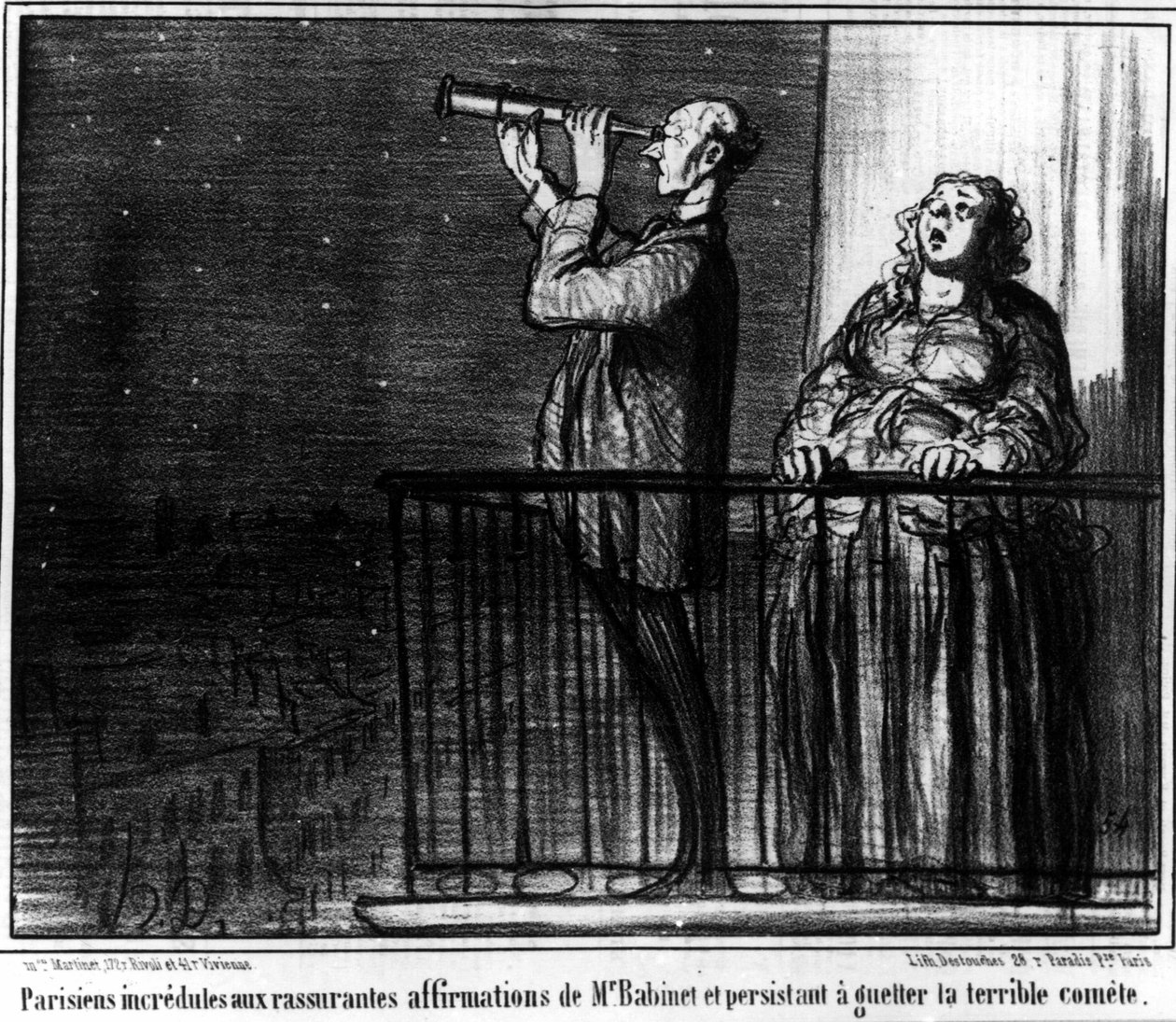 Pařížané nevěřící uklidňujícím tvrzením pana Babienta a vytrvalí ve sledování strašlivé komety, karikatury Honore Daumiera (1808-1879). "Serenáda". od Honoré Daumier