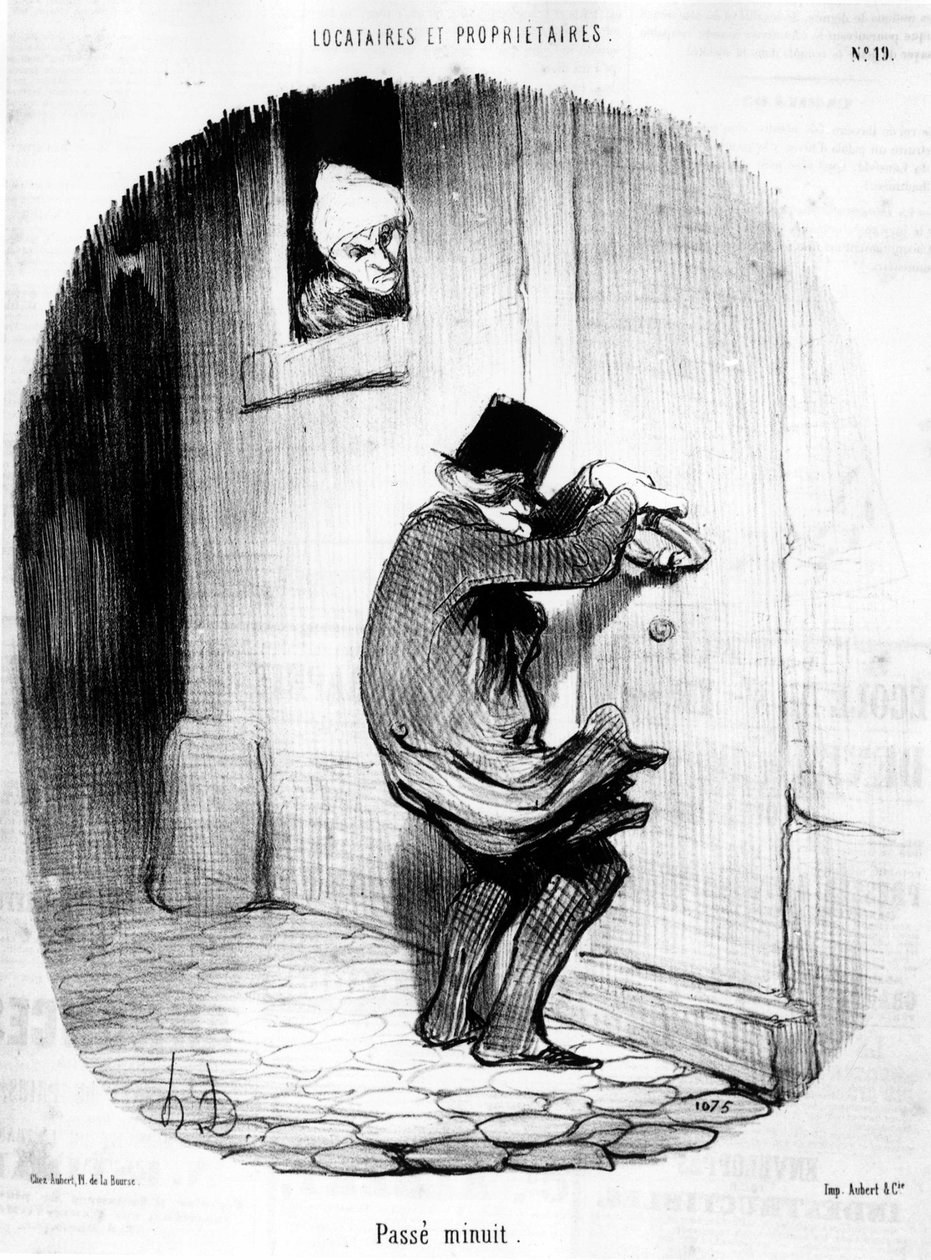 Uplynula půlnoc. muž, který se pozdě vrací k nájemci, z kresleného seriálu „“ Tenants et Owners“ od Honore Daumier (1808-1879). "Serenáda" od Honoré Daumier