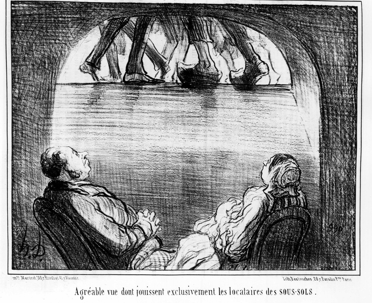 Příjemný pohled, který si užívají výhradně nájemci sklepů, převzatý z kresleného seriálu „“ Tenants et Owners“ od Honore Daumier (1808-1879). "Serenáda" od Honoré Daumier