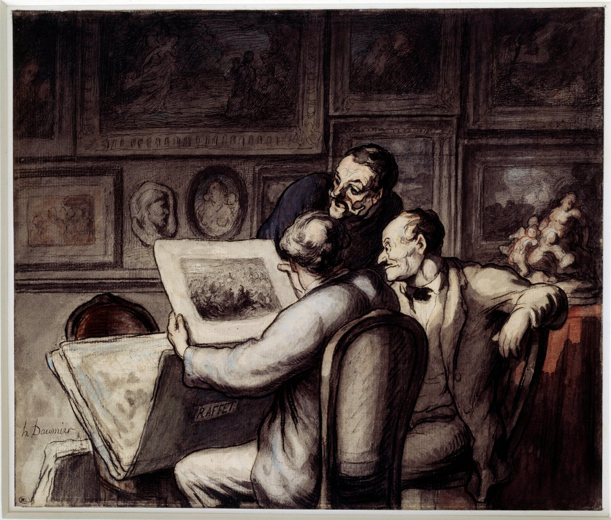 Milovníci tisku. Akvarel, kvaš a černá tužka, pero a inkoust z porcelánu od Honore Daumiera (1808-1879). Slunce. 0,26 x 0,31 Musee d