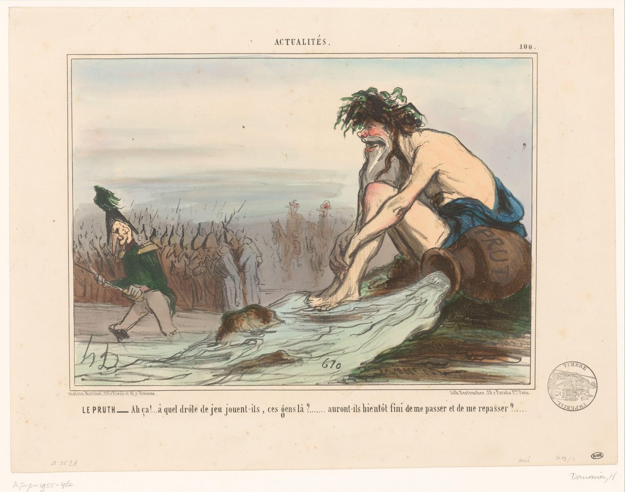Řeka bůh sleduje ruské vojáky Le Pruth (název na objektu) Aktuální události (název seriálu) Aktuality (název série na objektu) od Honoré Daumier