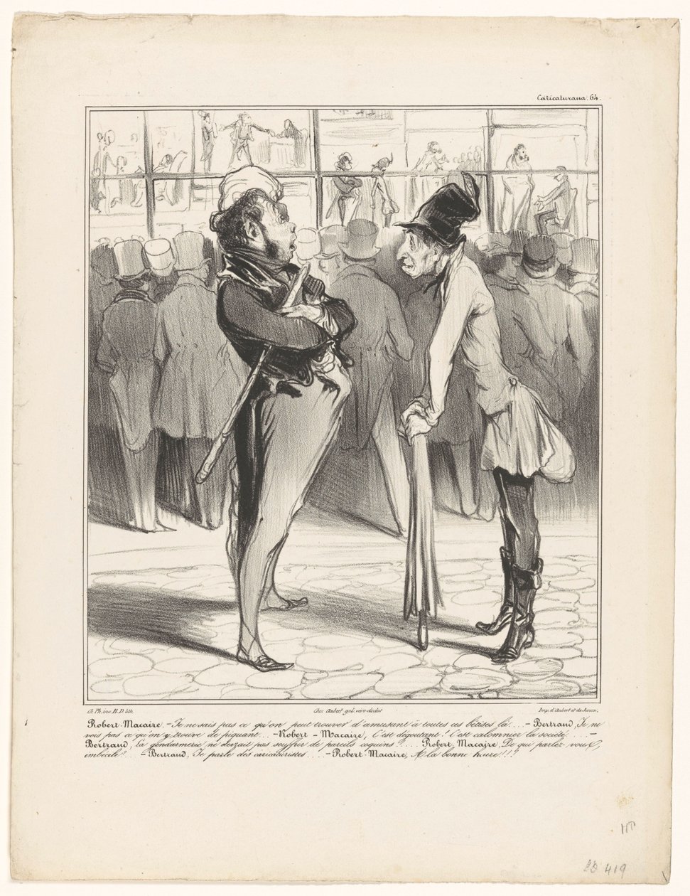 Robert-Macaire v rozhovoru s Bertrandem ve výloze tiskárny Caricaturana (název série na objektu) od Honoré Daumier